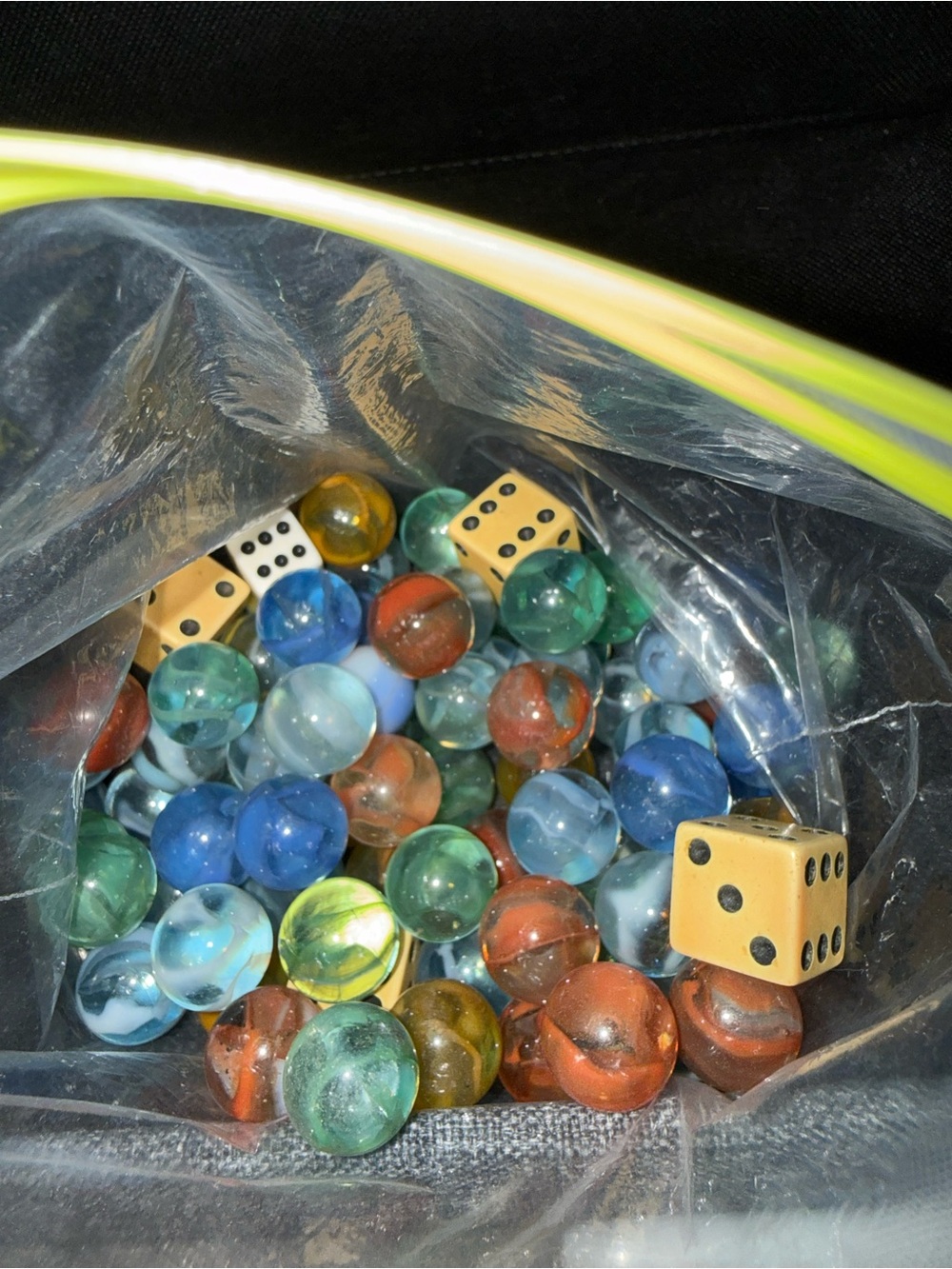 Vintage 80 Assorted Glass Marbles and 5 Dice #21
